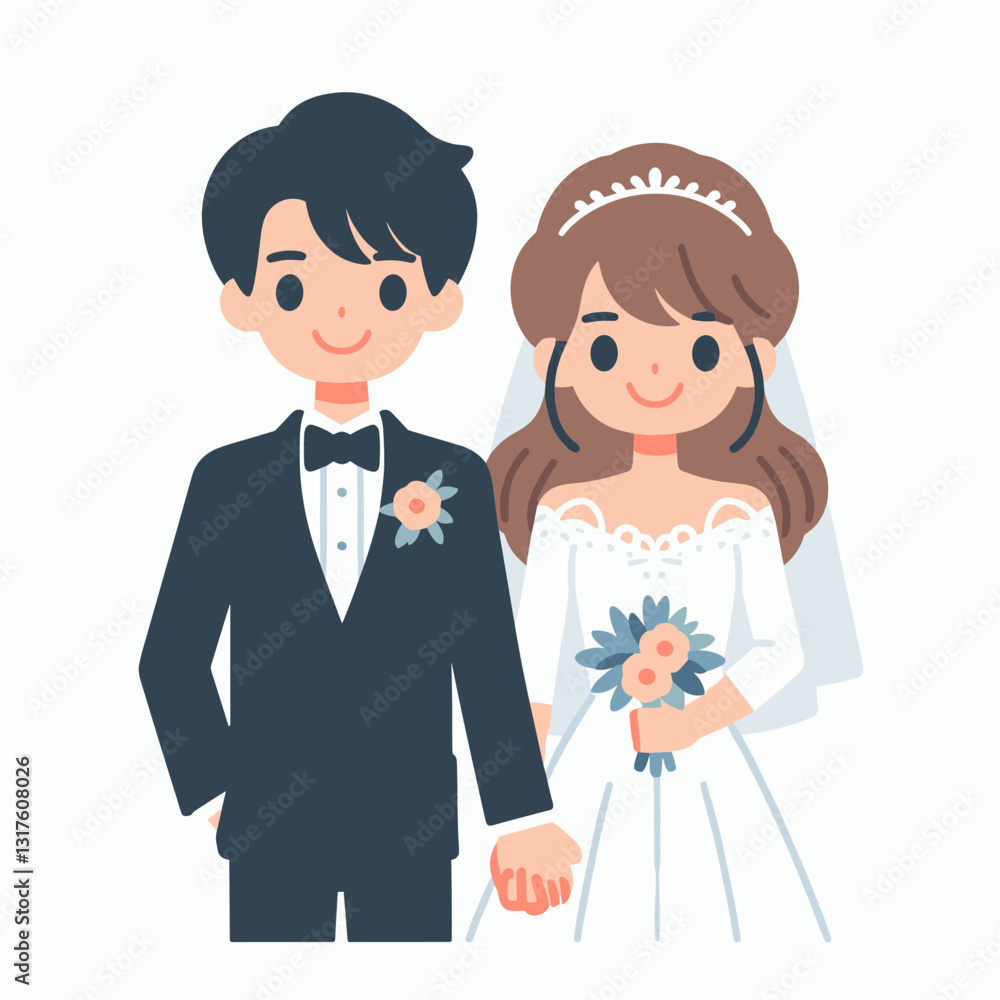 Charming cartoon illustration of a newlywed couple on their wedding day Charming cartoon illustration of a newlywed couple on their wedding day