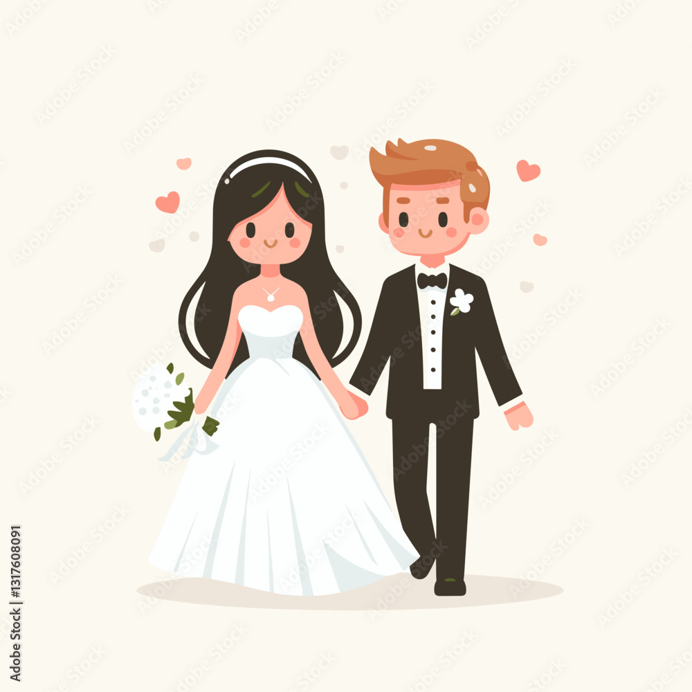 Charming wedding day illustration of a couple holding hands surrounded by hearts Charming wedding day illustration of a couple holding hands surrounded by hearts