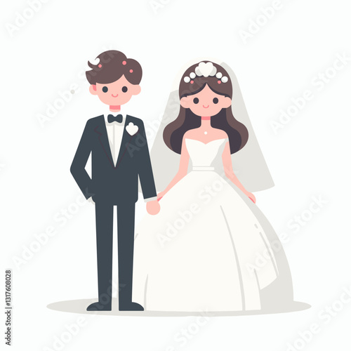 Stylized cartoon newlywed couple holding hands, a symbol of love and commitment
