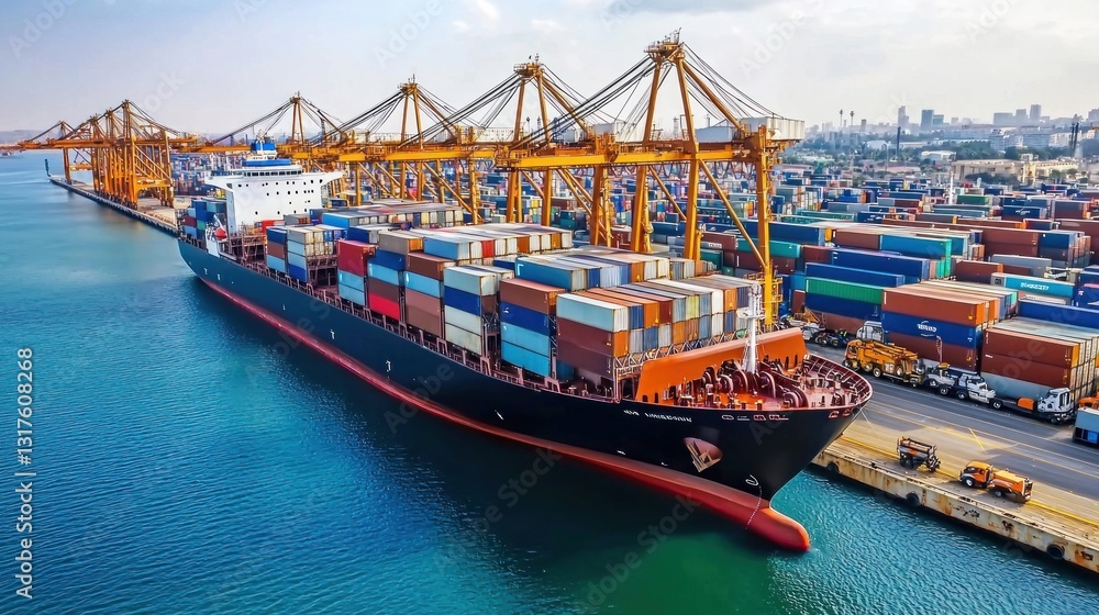 Fototapeta premium Cargo ship being loaded at a dock with containers. Docks visible in background