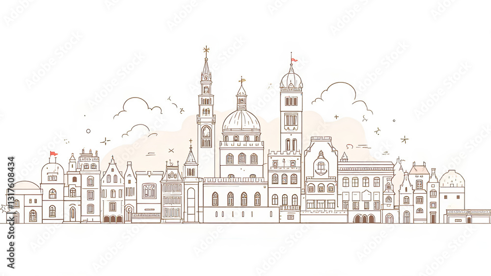 Obraz premium detailed line art illustration of city skyline featuring various architectural styles, including towers, domes, and decorative elements, set against light background