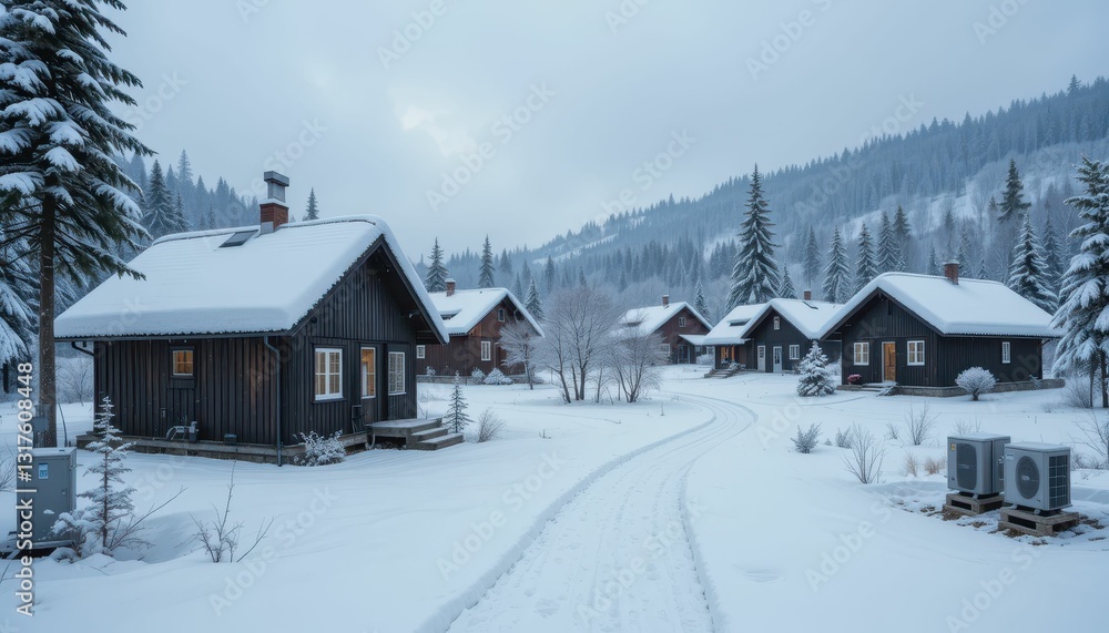 Tranquil Winter Scene with Cozy Cabins in Snowy Landscape Tranquil Winter Scene with Cozy Cabins in Snowy Landscape