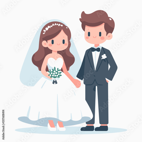 Stylized Cartoon Wedding Couple Illustration Standing Together Happily