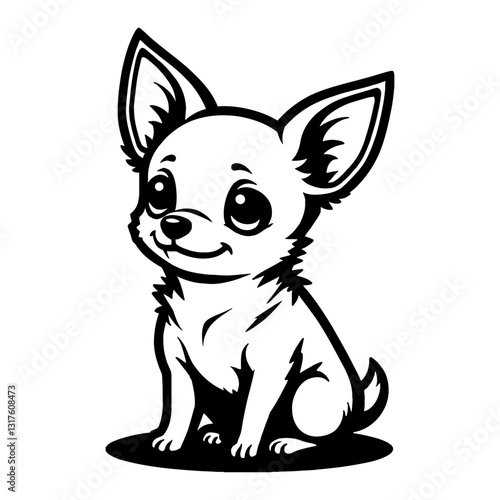 Cute Kawaii Chihuahua Sitting Front View Illustration Style Black and White Outline Line Art Drawing