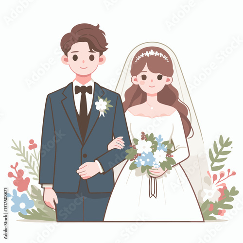 Cartoon wedding couple with floral elements, celebrating nuptials blissfully together