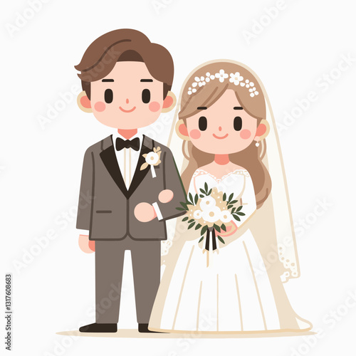Charming cartoon illustration of a newlywed couple on their special wedding day