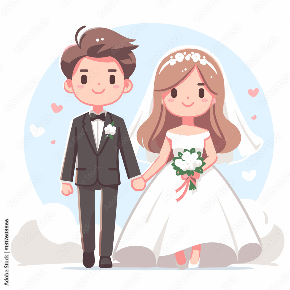 Charming Cartoon Illustration of a Newly Married Couple Holding Hands Charming Cartoon Illustration of a Newly Married Couple Holding Hands