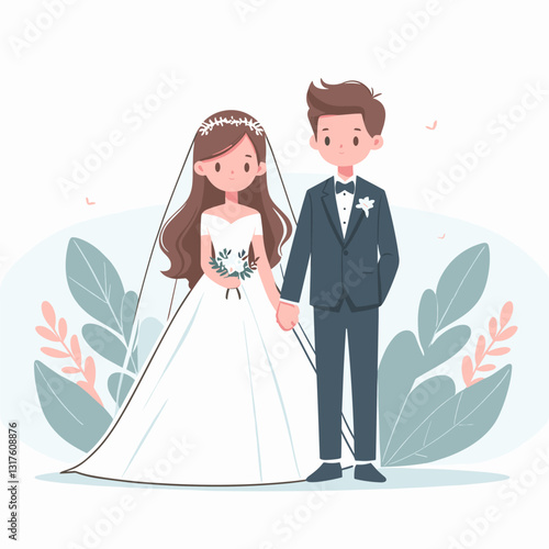 Whimsical wedding day: Cartoon bride and groom holding hands with floral backdrop