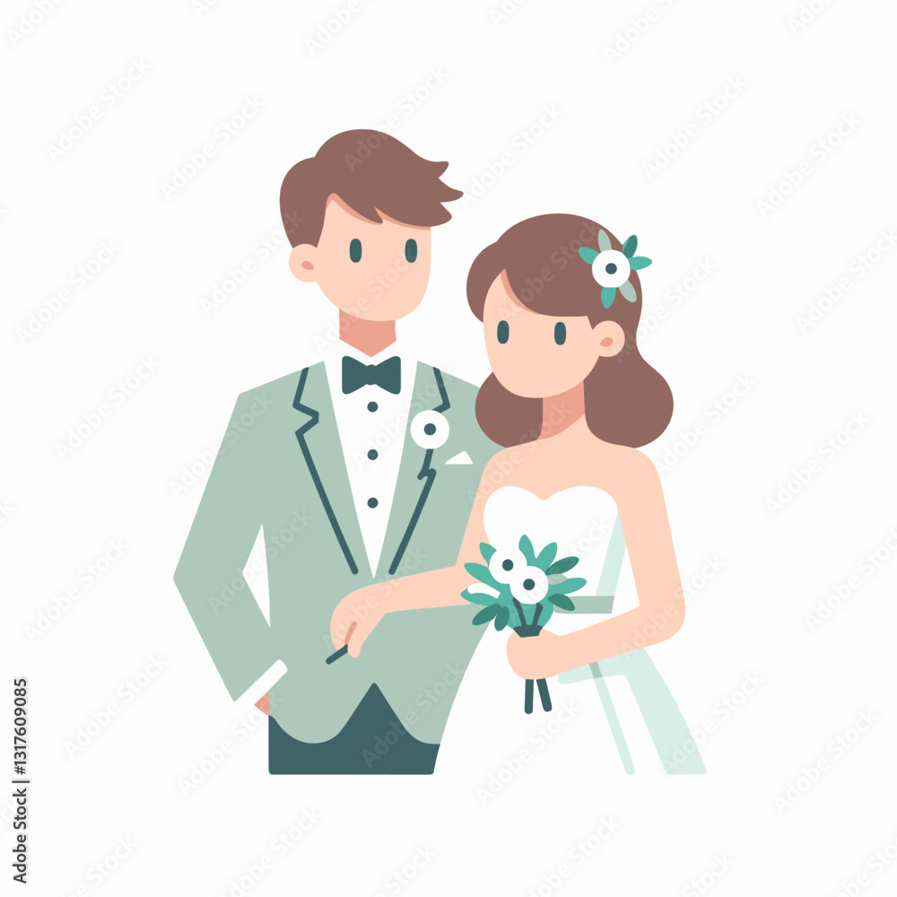 Elegantly illustrated wedding couple in classic attire, isolated on white background Elegantly illustrated wedding couple in classic attire, isolated on white background