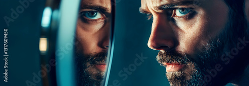 Narcissistic personality disorder concept, a handsome man looking into a mirror