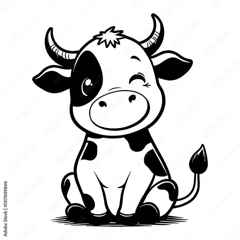 Cute Chibi Kawaii Cow Sitting Down with Smiling Face Black and White Outline Line Art Drawing Cute Chibi Kawaii Cow Sitting Down with Smiling Face Black and White Outline Line Art Drawing