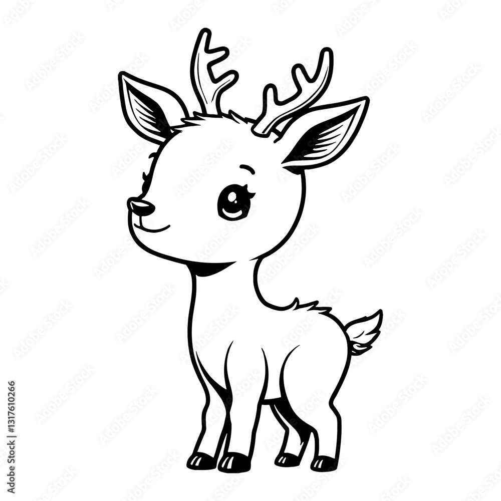 Cute Chibi Kawaii Deer with Big Eyes and Antlers Vector Black and White Outline Line Art Drawing Cute Chibi Kawaii Deer with Big Eyes and Antlers Vector Black and White Outline Line Art Drawing