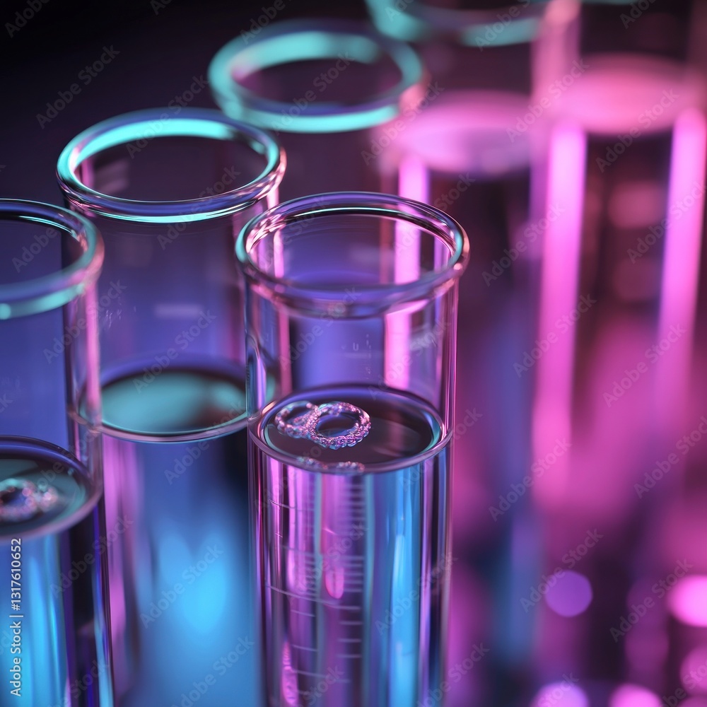 Lit beakers filled with clear liquids on dark surface. Pink/blue lights create depth Lit beakers filled with clear liquids on dark surface. Pink/blue lights create depth