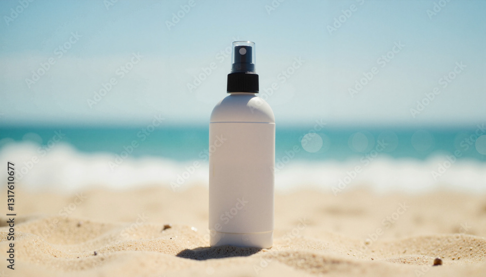 Minimalistic bug spray bottle on sandy beach under clear skies, summertime Minimalistic bug spray bottle on sandy beach under clear skies, summertime