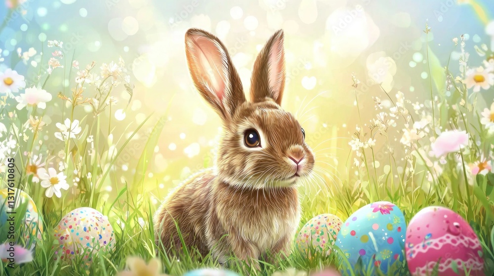 Fototapeta premium Bunny amid Easter eggs in a grassy, flowered meadow under a bokeh-lit, bright sky