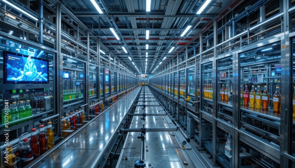 Modern Beverage Production Line with Vibrant Bottles and Machinery