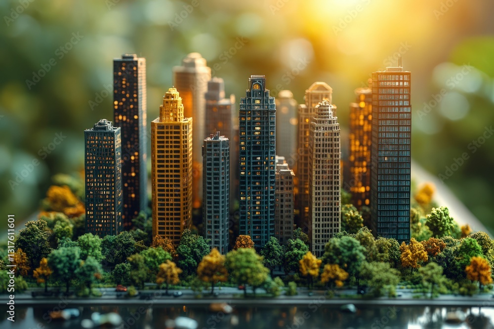 Obraz premium Golden hour cityscape miniature model, vibrant trees.