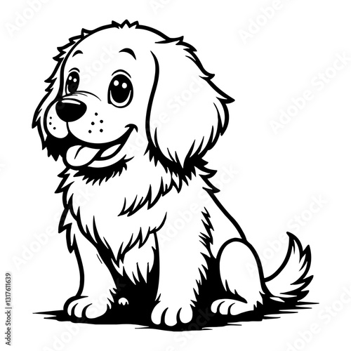 Cute Golden Retriever Puppy Sitting Cartoon Vector Kawaii Chibi Black and White Outline Line Art Drawing