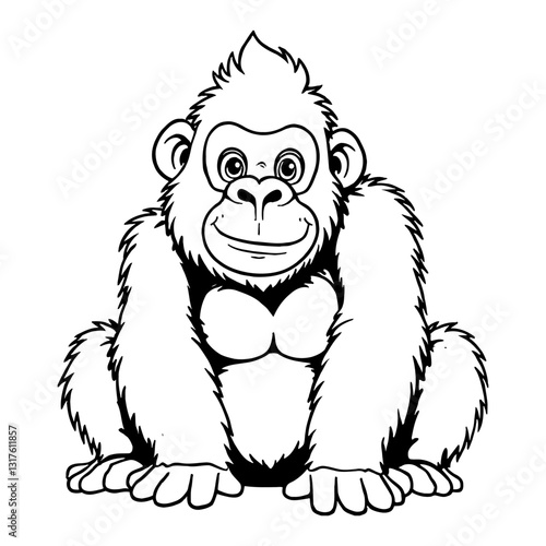Cute Chibi Kawaii Gorilla Sitting Cartoon Character Black and White Outline Line Art Drawing