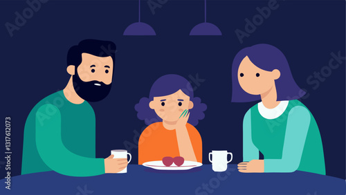 Sad Family A family sitting at the dinner table looking worried and anxious as they discuss finances showcasing the emotional impact of longterm unemployment on relationships.