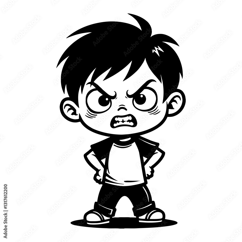 Cute Chibi Kawaii Little Boy with Angry Pose Full Body View Black and White Outline Line Art Drawing Cute Chibi Kawaii Little Boy with Angry Pose Full Body View Black and White Outline Line Art Drawing