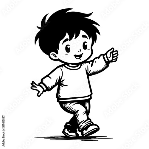 Cute Chibi Kawaii Little Boy Dancing Pose Happy and Cheerful Black and White Outline Line Art Drawing