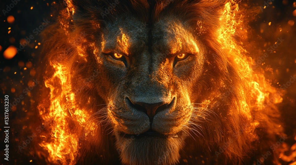 Naklejka premium Fiery lion portrait power intense majestic