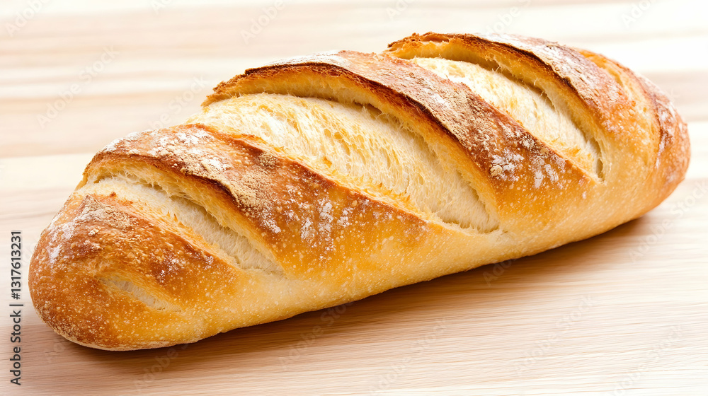 Crusty bread loaf golden-brown rests on a wood surface Crusty bread loaf golden-brown rests on a wood surface