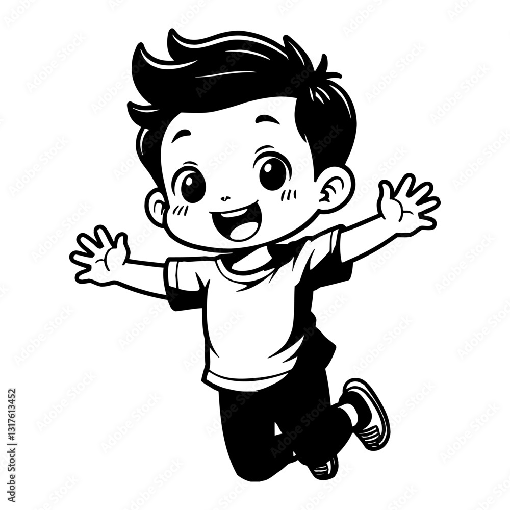 Cute Chibi Kawaii Little Boy Jumping with Open Arms in Joy Detailed Black and White Outline Line Art Drawing Cute Chibi Kawaii Little Boy Jumping with Open Arms in Joy Detailed Black and White Outline Line Art Drawing