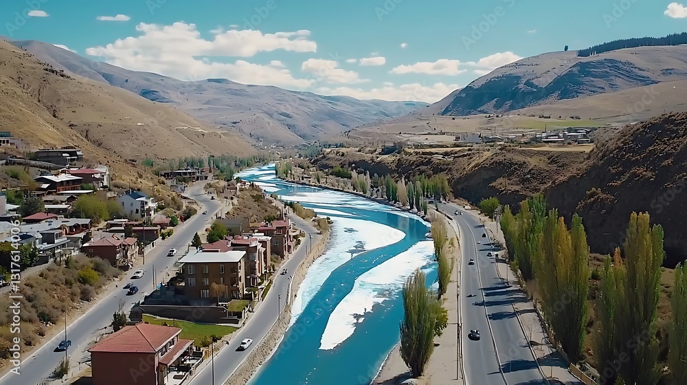 Obraz premium Scenic Aerial View of River Winding Through Mountainous Landscape Under Clear Blue Sky