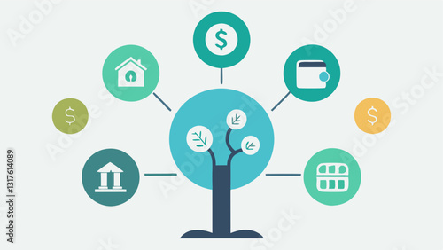 Funding Sources Icons representing various funding sources e.g. bank loans angel investors crowdfunding arranged in a tree showing the different options available for financial