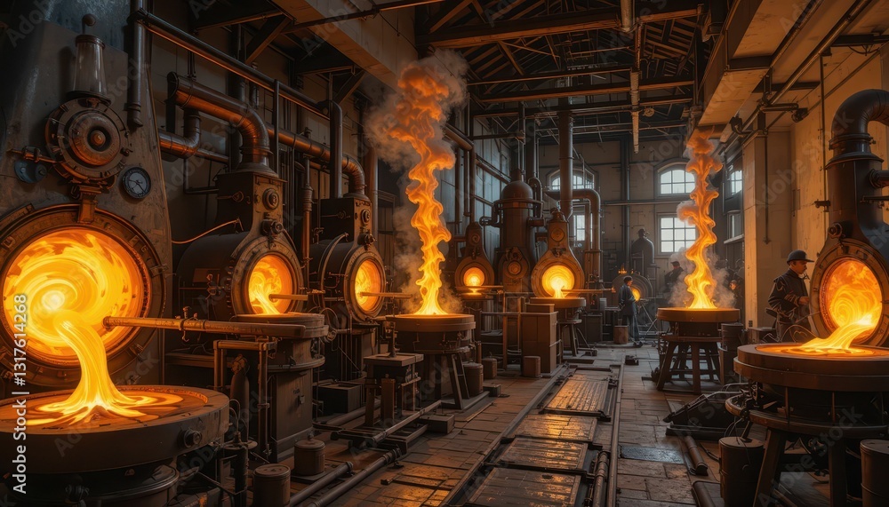 Molten Metal Flowing in Industrial Foundry Workshop Molten Metal Flowing in Industrial Foundry Workshop