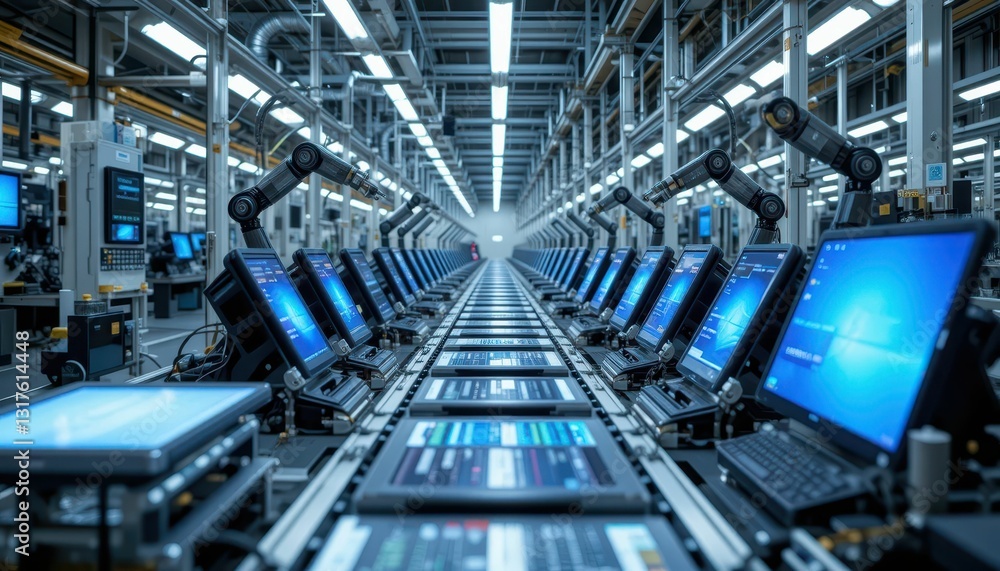 Fototapeta premium Advanced Technology Production Line with Multiple Computers and Robots