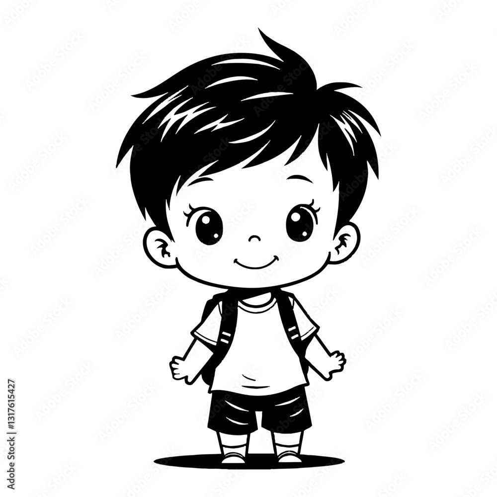 Cute Chibi Kawaii Little Boy with Backpack Full Body Front View Black and White Outline Line Art Drawing Cute Chibi Kawaii Little Boy with Backpack Full Body Front View Black and White Outline Line Art Drawing