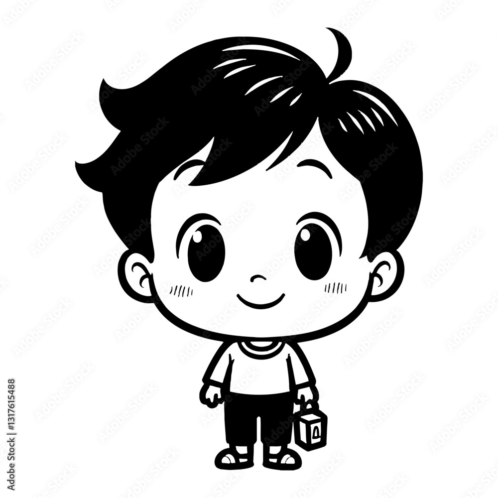 Cute Chibi Kawaii Little Boy Standing Holding Toy Cube Black and White Outline Line Art Drawing Cute Chibi Kawaii Little Boy Standing Holding Toy Cube Black and White Outline Line Art Drawing