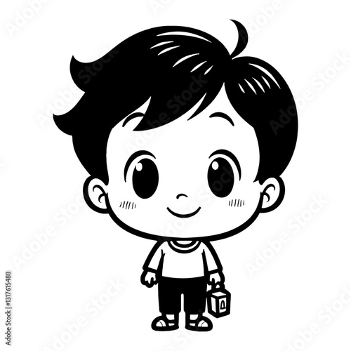 Cute Chibi Kawaii Little Boy Standing Holding Toy Cube Black and White Outline Line Art Drawing