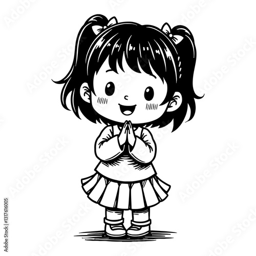 Cute Chibi Kawaii Little Girl in Clapping Pose with Traditional Outfit Black and White Outline Line Art Drawing