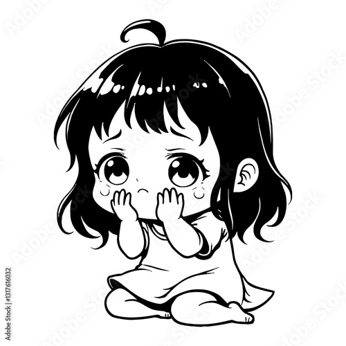 Cute Chibi Kawaii Little Girl Crying with Hands on Mouth in Black and White Outline Line Art Drawing