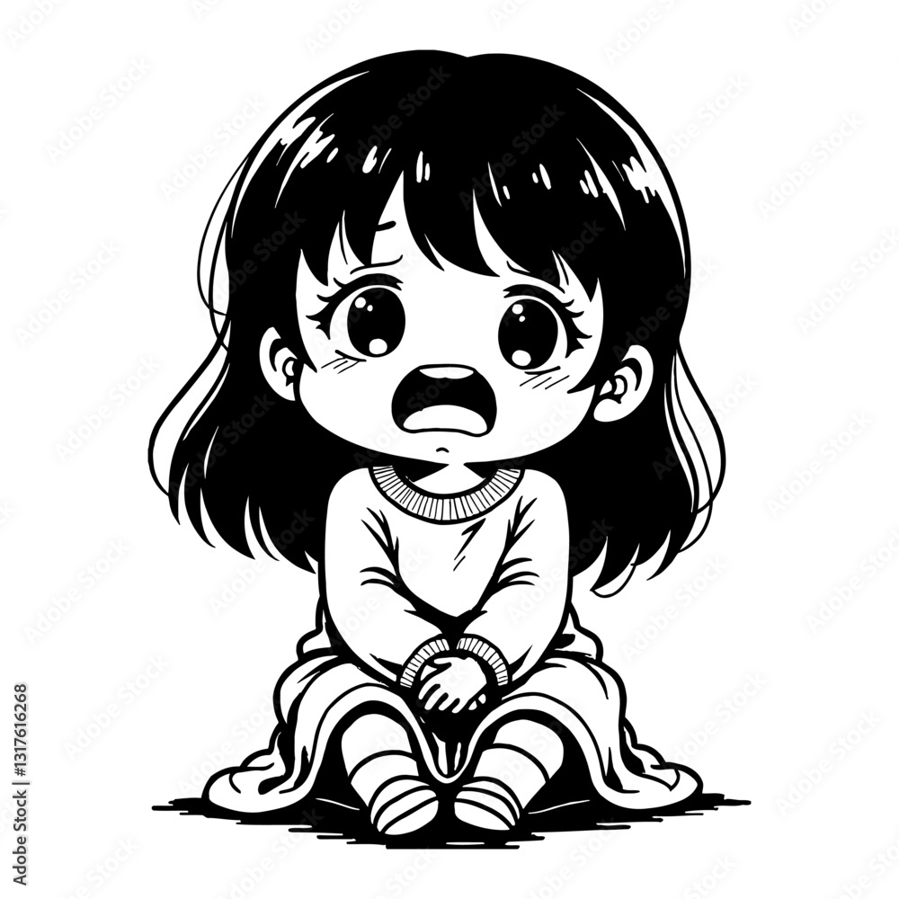 Obraz premium Kawaii Little Girl Crying Sitting Pose Cute Chibi Black and White Outline Line Art Drawing Style
