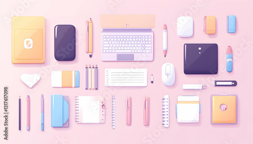 Office Desk Objects: Collection of stationery and office supplies for a blogger or freelancer.