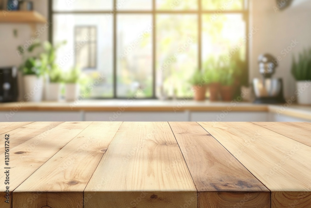 Empty wood table top view for product display montage on blur kitchen counter and wide window background Empty wood table top view for product display montage on blur kitchen counter and wide window background