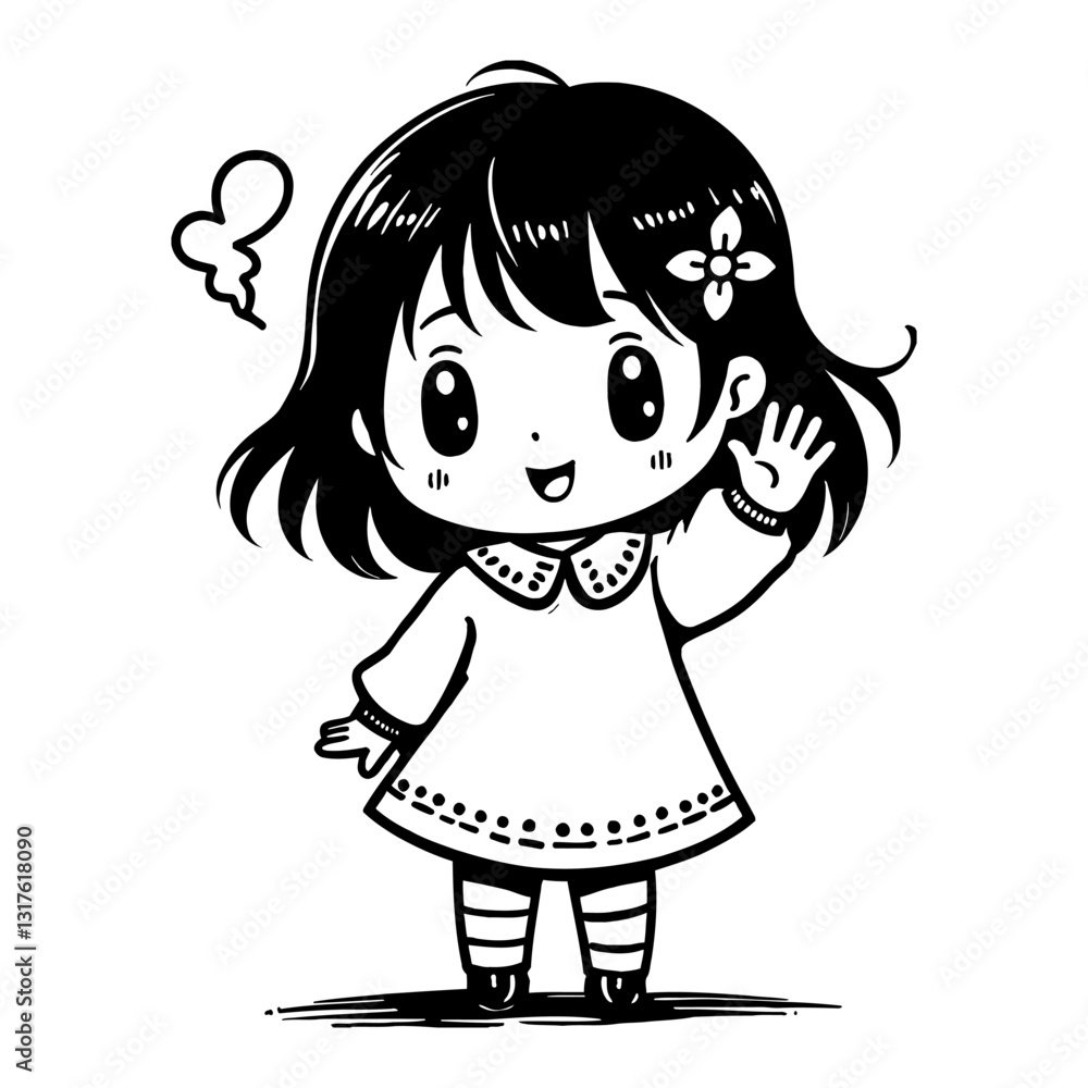 Cute Chibi Kawaii Little Girl Waving Hand Standing Smiling in Black and White Outline Line Art Drawing Cute Chibi Kawaii Little Girl Waving Hand Standing Smiling in Black and White Outline Line Art Drawing
