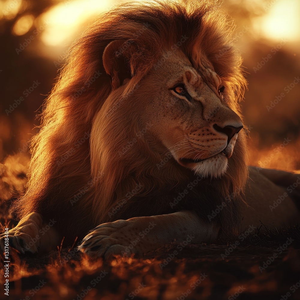Naklejka premium Majestic lion rests in golden light, with warm tones and a serene expression