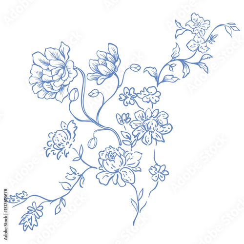 Floral Decor. Chinoiserie Style. Vector Illustration.