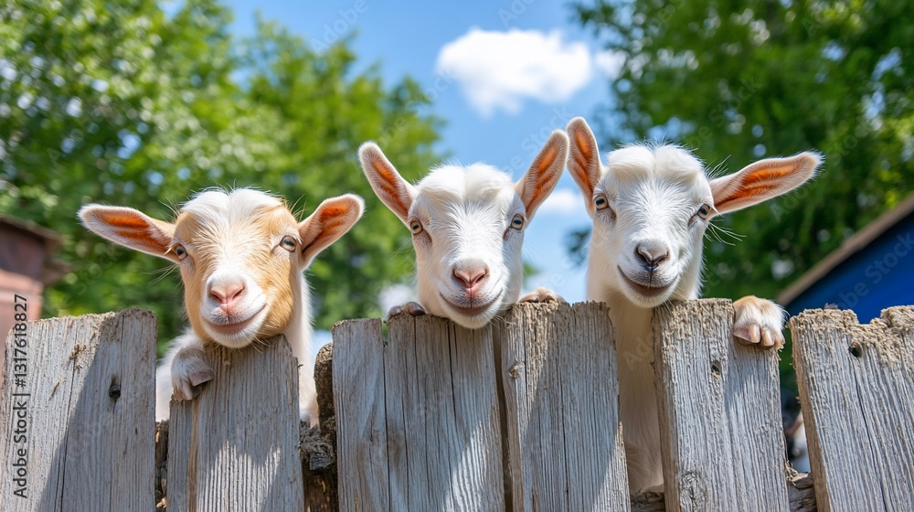 Fototapeta premium Three Cute Goats Peeking Over Fence Summer Farm Animals