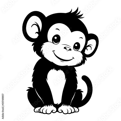 Cute Chibi Kawaii Monkey Sitting and Smiling Black and White Graphic Detailed Outline Line Art Drawing