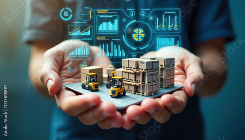 Hands hold warehouse with forklifts and pallets while holographic data analytics dashboard floats above. Digital twin technology integrates real time logistics metrics with physical