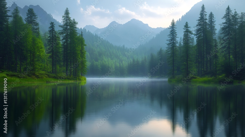 Lago di fusine reflecting surrounding mountains and fir trees at sunrise Lago di fusine reflecting surrounding mountains and fir trees at sunrise