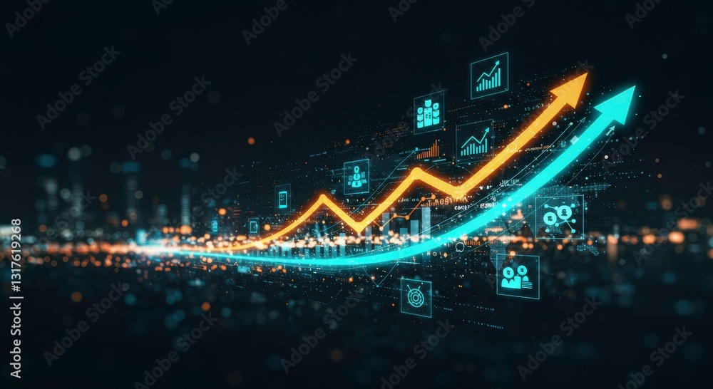 Obraz premium Digital Business Growth Upward Trending Graph with Data Analytics Icons and Cityscape Background