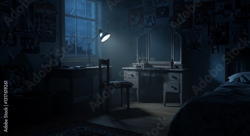 Eerie Bedroom Interior at Night with Desk Lamp and Decor
